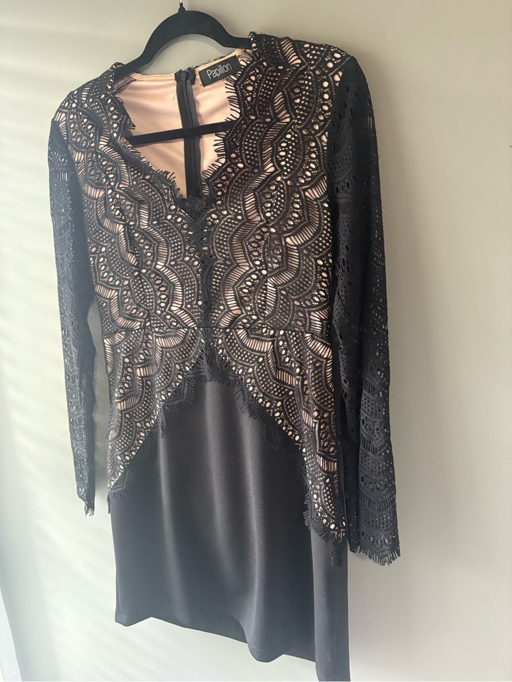 Papillon Black Lace Overlay Mini Dress – Long Sleeve – Elegant Cocktail - Picture 6 of 10